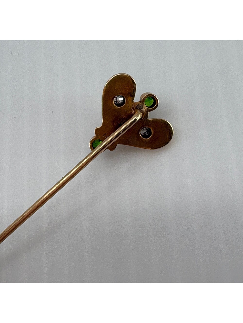 14K Marked Stick Pin Pearl Green Clear Stones Gold Tone Jewelry - Picture 6 of 10